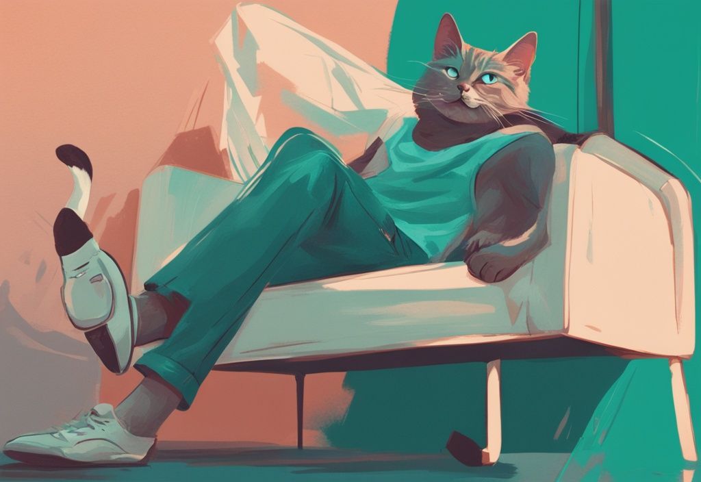 Modern digital painting of a surprised owner with a cat jumping on their back, teal color theme.