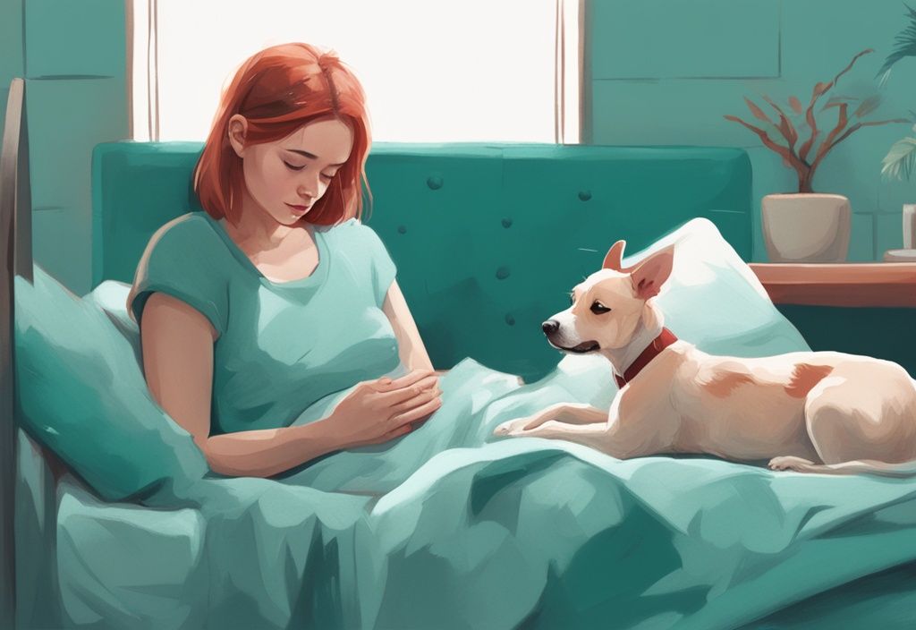 Teal-themed digital painting of a worried pet owner caring for a small dog with surgical stitches, lying in a soft bed.