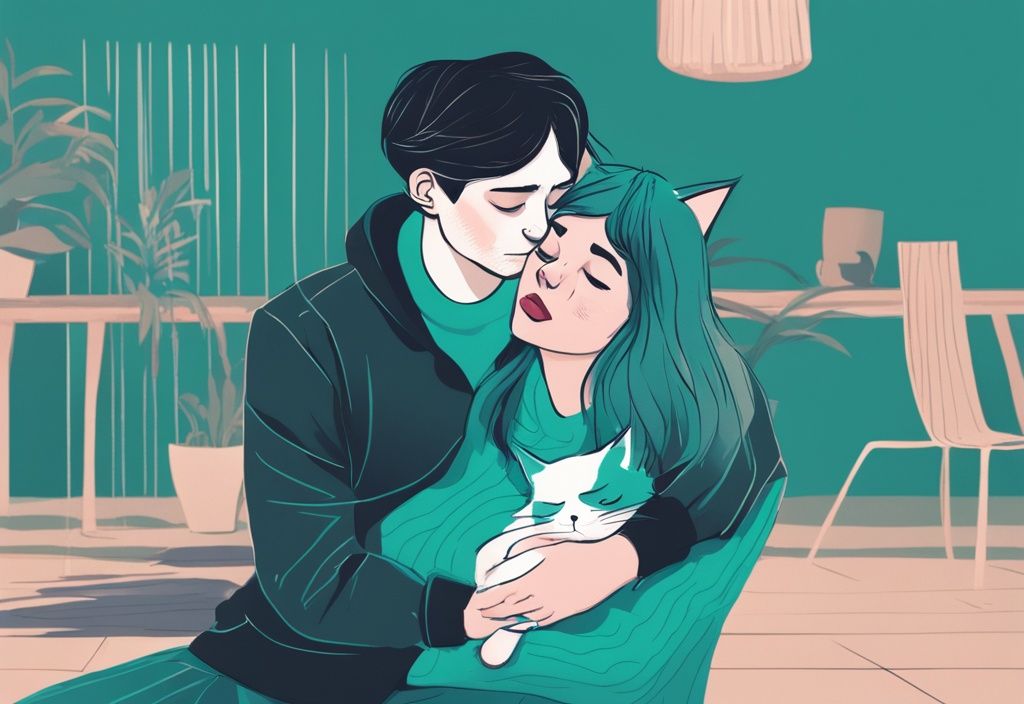 Modern digital painting of a male cat showing affection by nuzzling a surprised owner, illustrating the question: why is my male cat suddenly so affectionate, with a teal color theme.