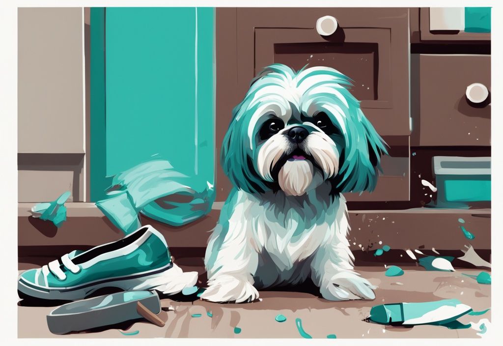 A modern digital painting of a mischievous Shih Tzu dog in teal tones, showcasing why Shih Tzu are the worst dog with its bad behavior, including chewing shoes and making a mess.