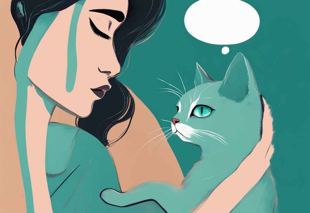 Teal-themed digital painting of a concerned cat owner observing a silent cat with a question mark thought bubble.