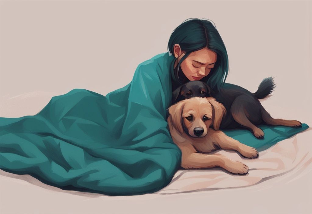 Modern digital painting of a small dog shaking on a blanket after surgery, with a visible scar and a concerned owner, illustrating why is my dog shaking after surgery.