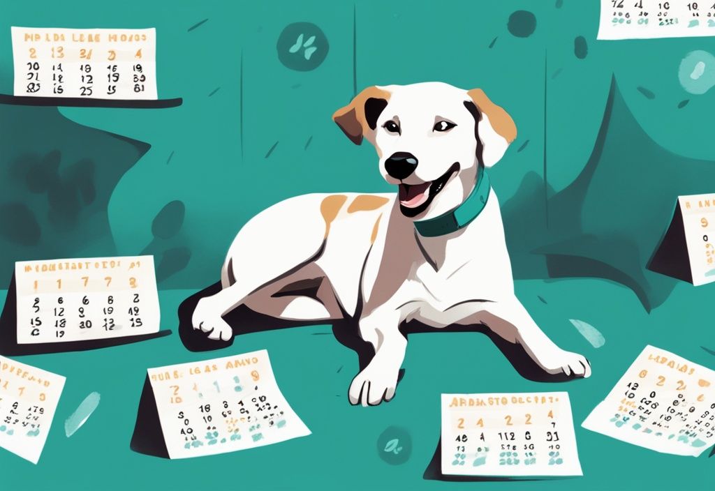 Teal-themed digital painting of a happy dog with a Texas legal process calendar for claiming stray dogs in the background.