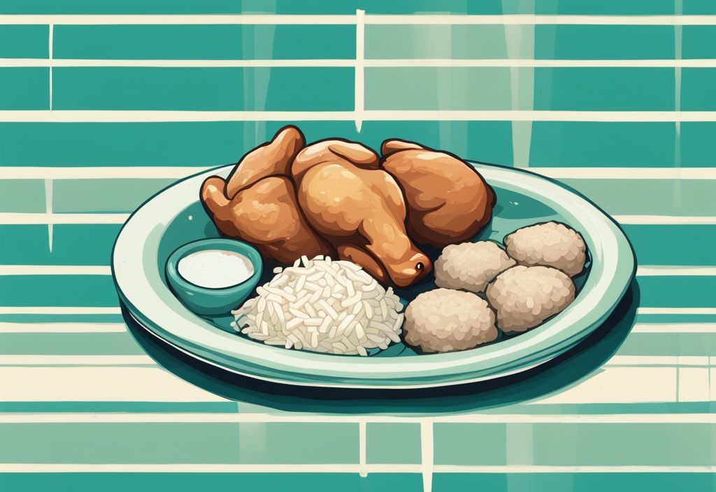 Digital painting of chicken and rice on a dog's plate, teal theme, portioned by dog weight categories.