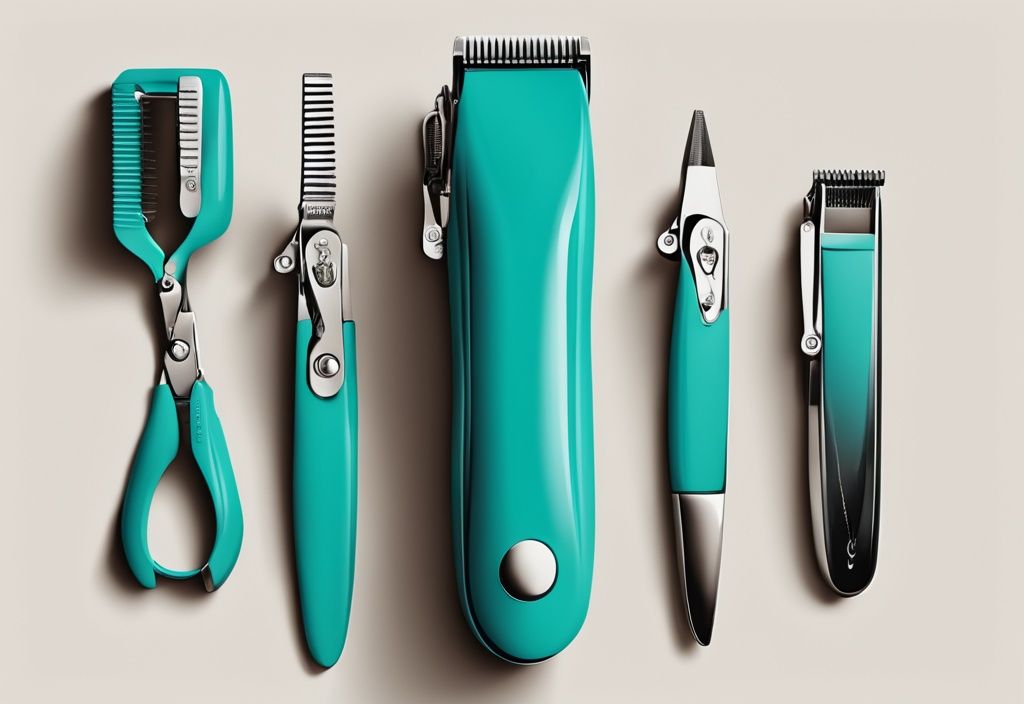 Digital painting of ten top-rated dog nail clippers with teal theme and distinctive color accents.