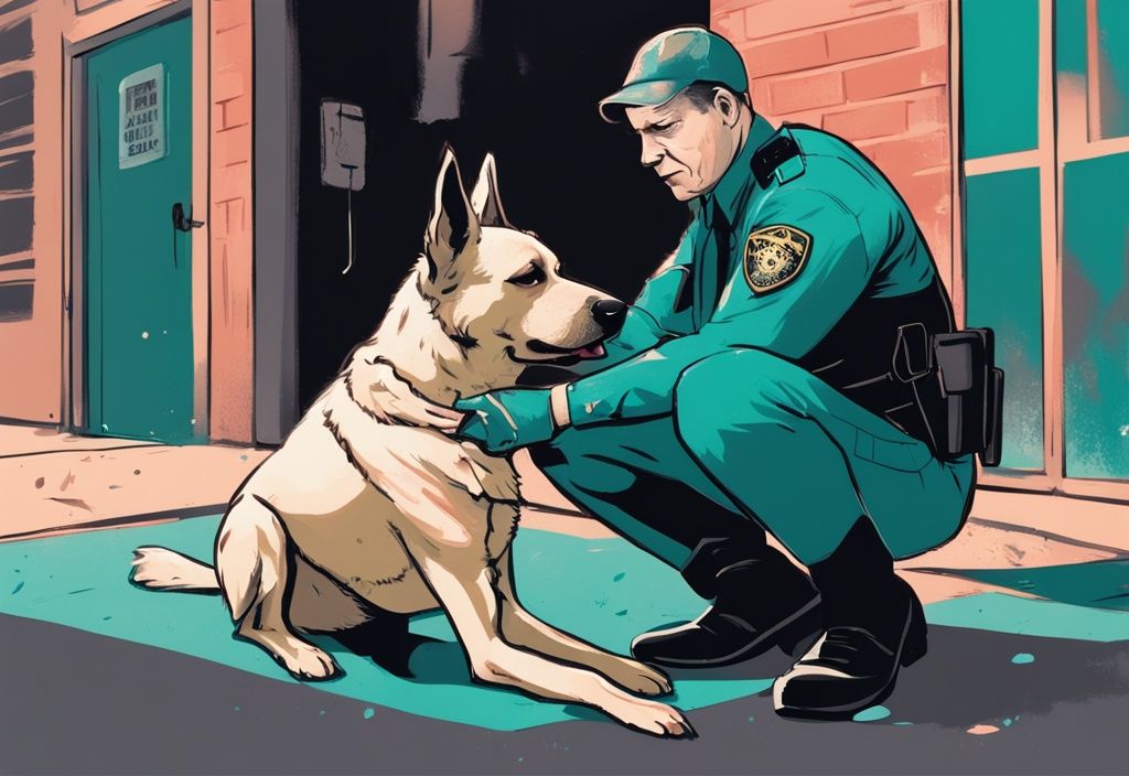 Modern digital painting of distressed pet owner talking to law enforcement officer, injured dog nearby, teal color theme.