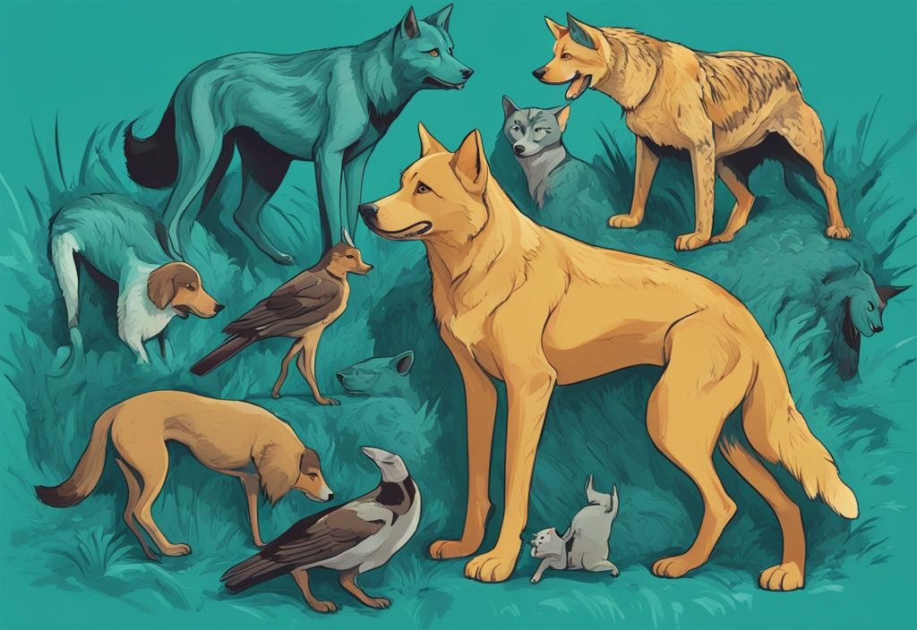 Digital painting of predators like wolves, birds of prey, and big cats encircling a domestic dog, teal color theme.