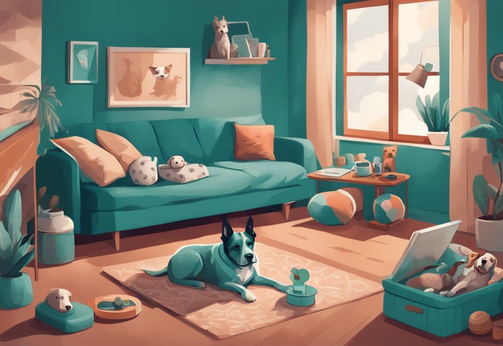 Digital painting of a happy dog in a teal-themed, pet-friendly apartment, sleeping on its bed with toys and feeding station nearby.