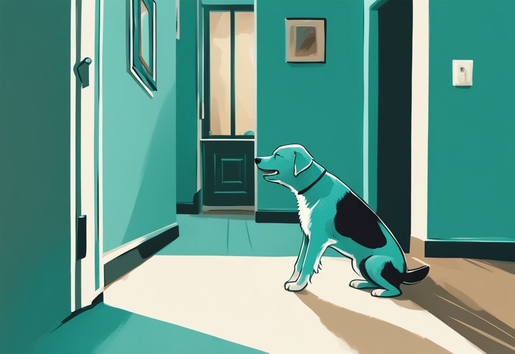 Unusual dog behavior illustration in teal, digital painting of a dog chasing its tail, barking at empty space, hiding under furniture.