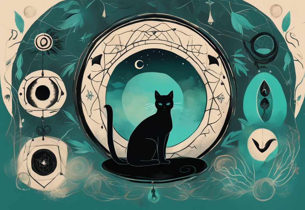 Modern digital painting of a black cat visiting a whimsical house with spiritual symbols, exploring the theme "why does a cat keep coming to my house spiritual meaning" in a teal color palette.