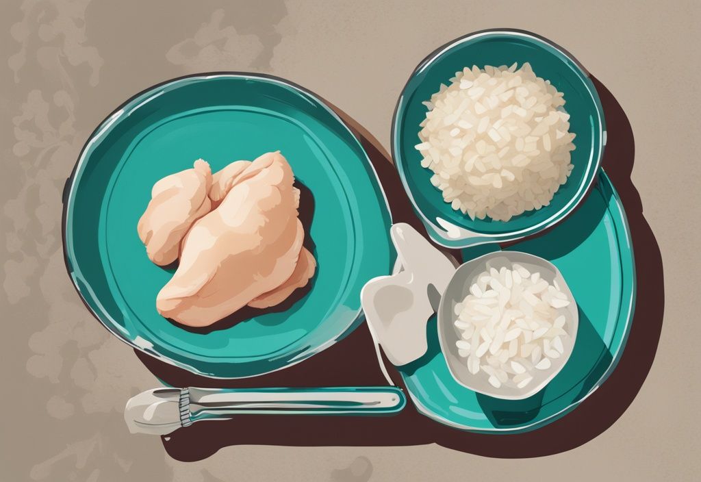 Modern digital painting of chicken and rice portions for dogs, teal theme, weight-based serving visualization.