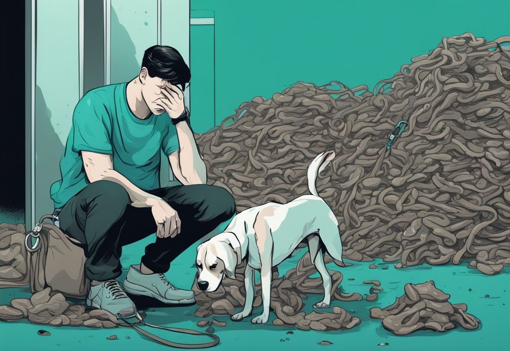 Worried dog owner holding leash with concerned dog beside him, surrounded by multiple piles of dog poop; illustrating the question: why is my dog pooping so much, in a modern digital painting with a teal color theme.