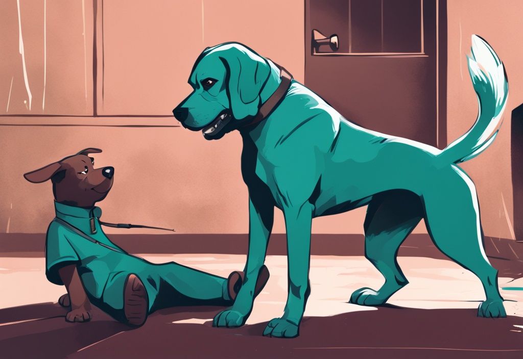 Digital painting of a dog bite incident with teal theme, featuring a defensive dog, recoiling dog, and concerned owner calling vet.