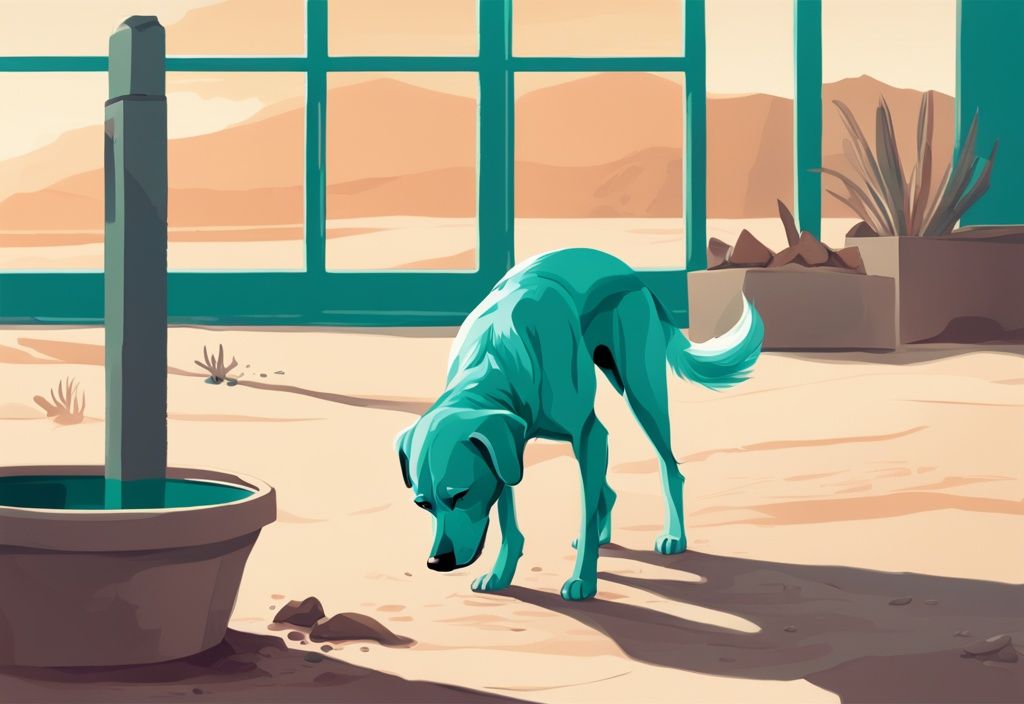 Teal-themed digital painting of a dog panting in a dry environment with an empty water bowl, illustrating the concept of how long can a dog go without water.