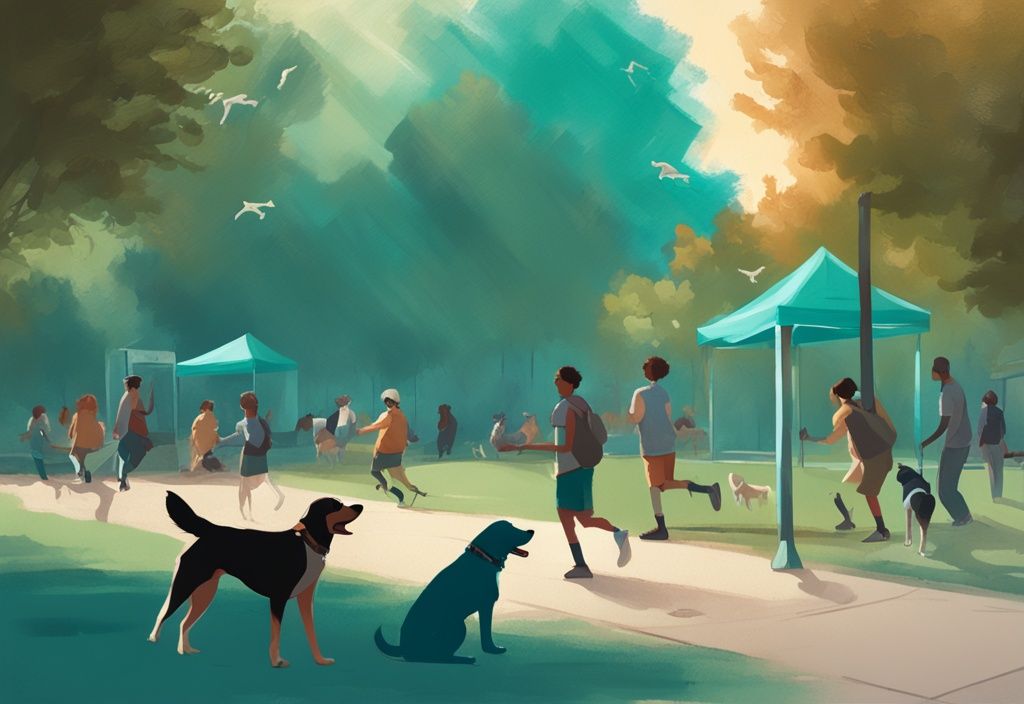 Modern digital painting of diverse rescue dogs playing in a sunlit park, celebrating National Rescue Dog Day with a teal color theme.