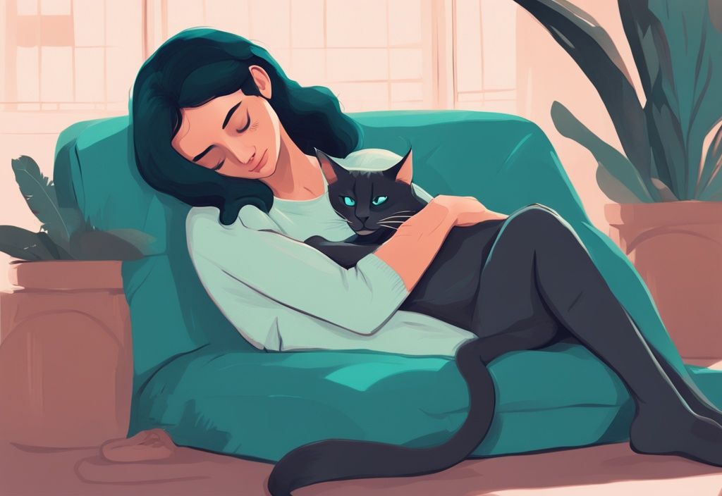 Modern digital painting of a teal-themed cat cuddling on owner's lap, showing affection by rubbing its head against her hand.