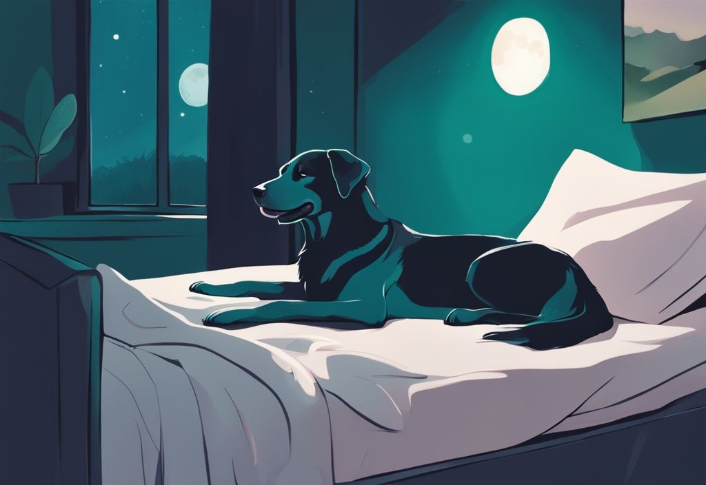 Modern digital painting of a dog sleeping on a bed under moonlight, teal color theme, nighttime peaceful scene