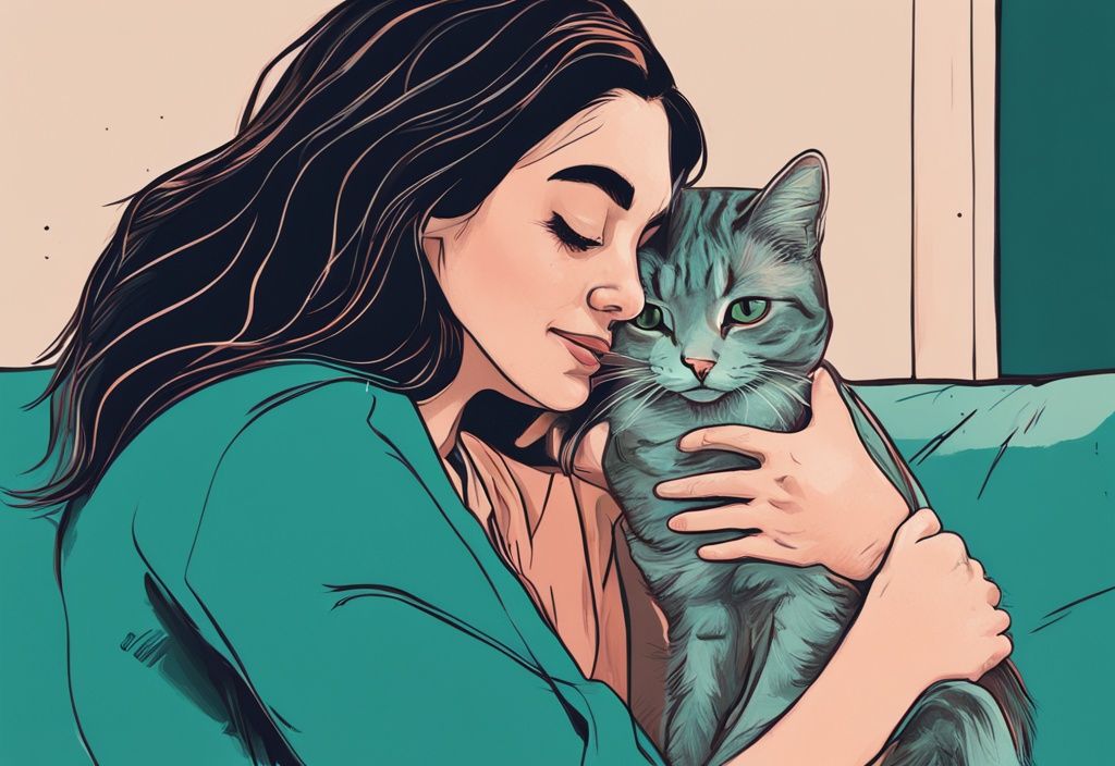 Surprised pet owner receiving an unexpected cuddle from their cat in a modern digital painting with a teal color theme, illustrating the question: why is my cat being so affectionate all of a sudden.