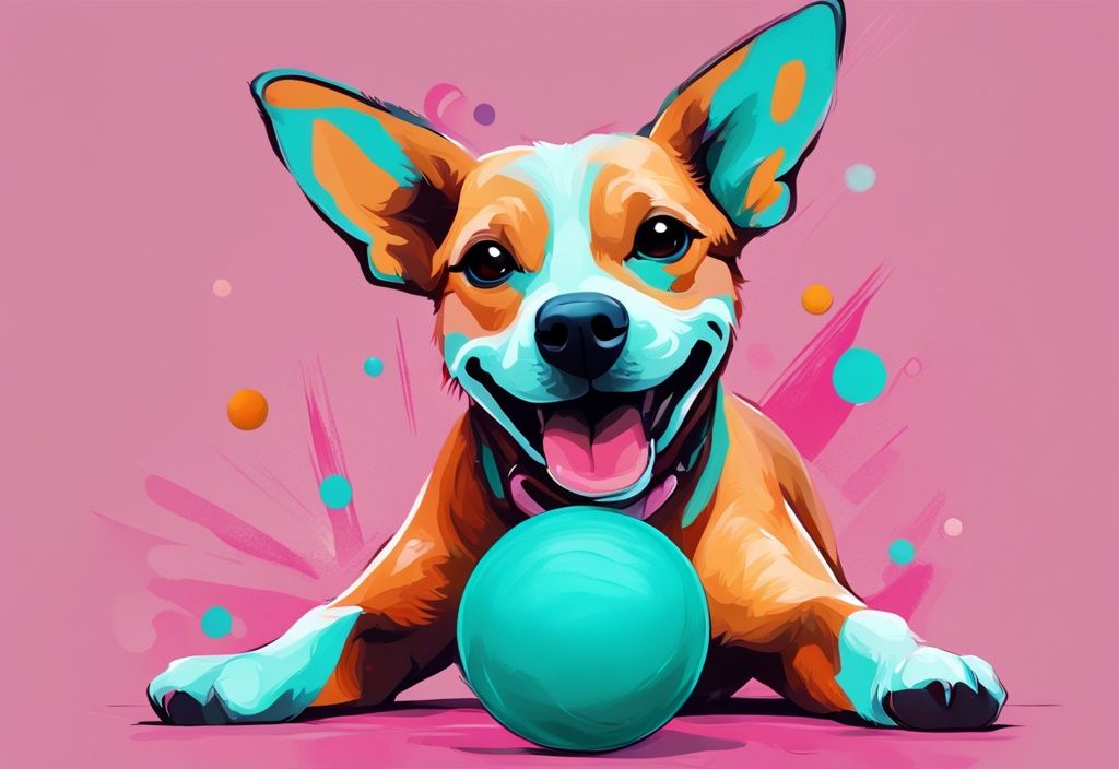 Adorable short spine syndrome dog playing with a colorful ball in a teal-themed digital painting illustration.