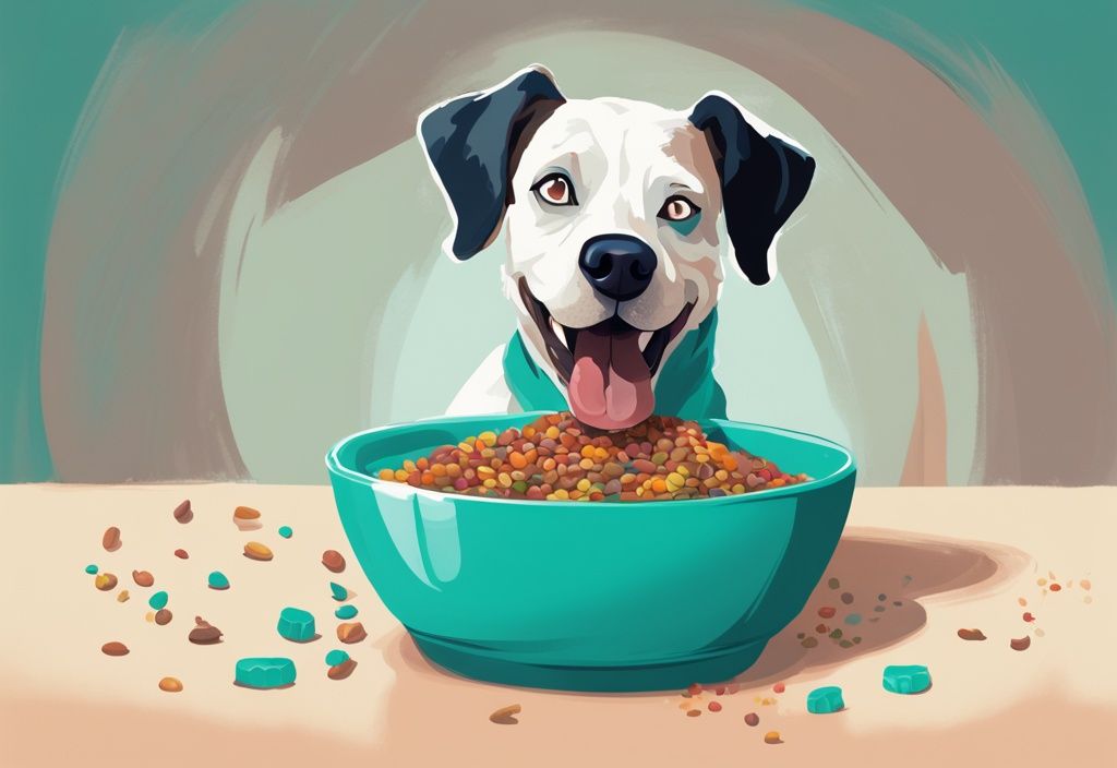 Modern digital painting of a picky dog eagerly eating colorful, high-quality dry dog food; ideal for queries on what is the best tasting dry dog food for picky dogs.