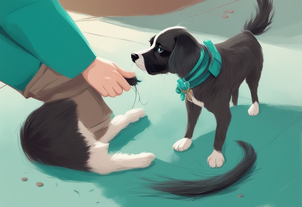 A digital painting of a pet owner examining a dog for dingleberries, illustrating what is a dingleberry on a dog with a focus on tangled clumps of hair near the dog's tail, set in a teal color theme.