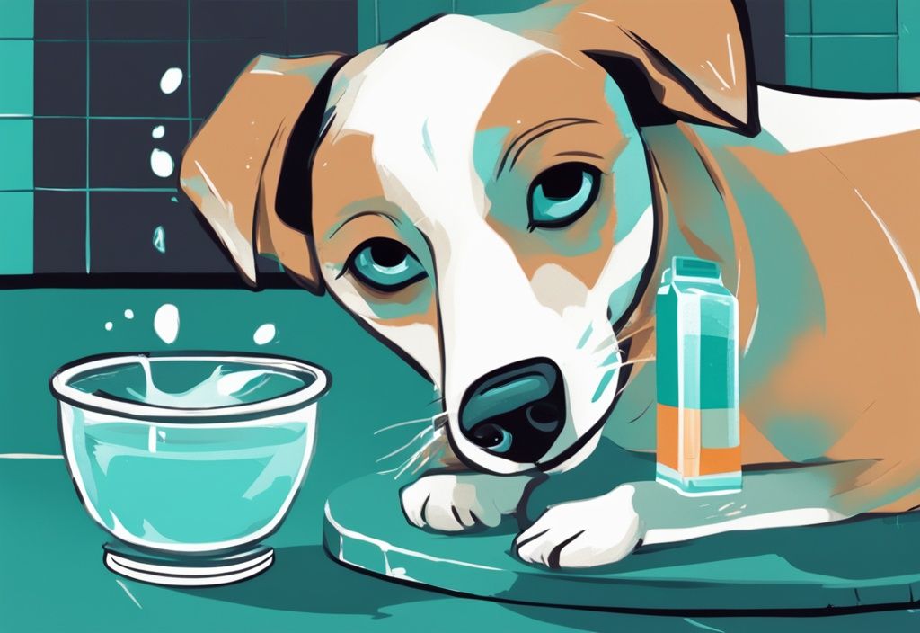 Modern digital painting of a vibrant dog drinking from a water bowl with dog-specific electrolytes, teal color theme.