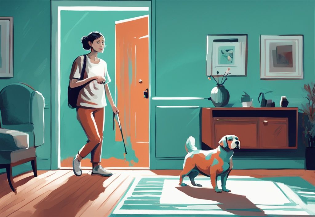 Teal-themed digital painting of a concerned owner watching their wobbly dog walking across the room.