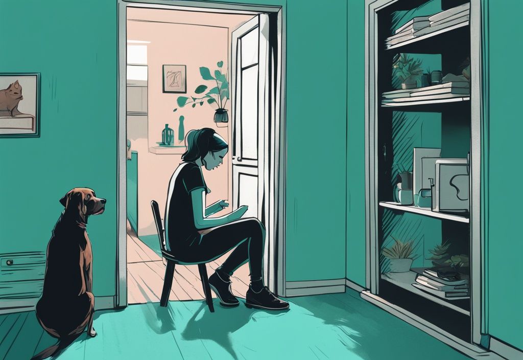 Teal-themed digital painting of a worried dog owner watching an anxious dog in a corner.