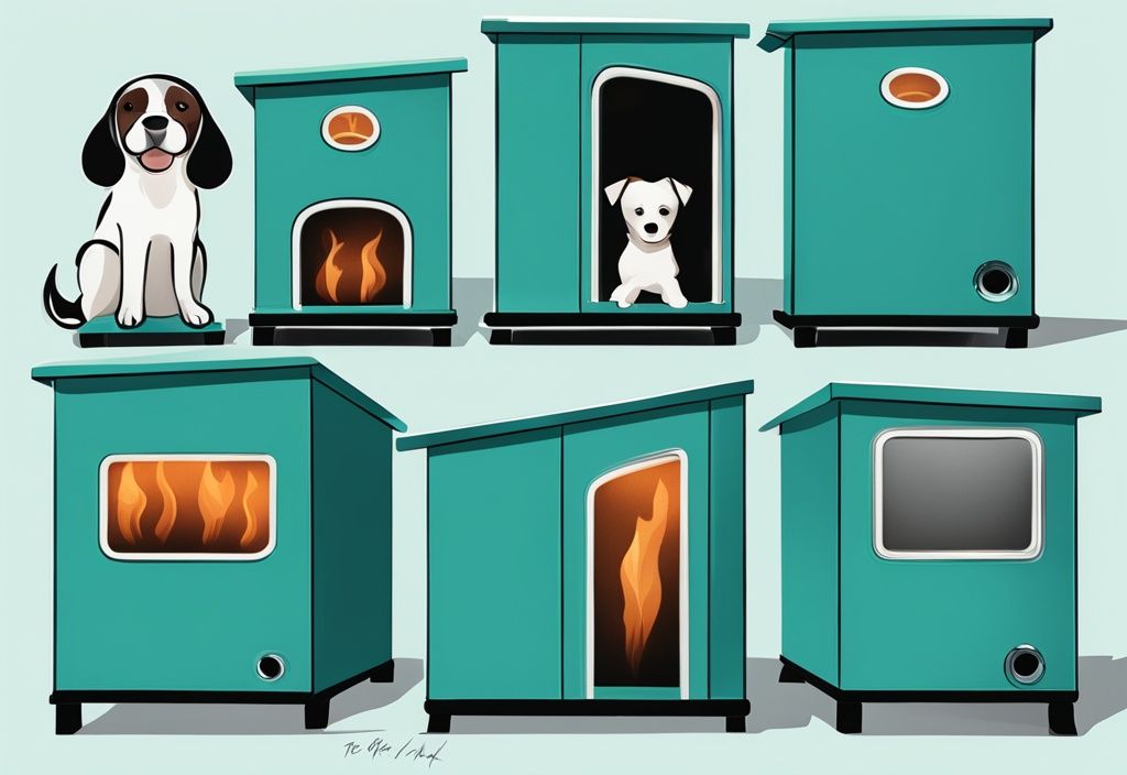 Modern digital painting of five teal-themed dog house heaters in insulated dog houses, showcasing unique features for various dog breeds.