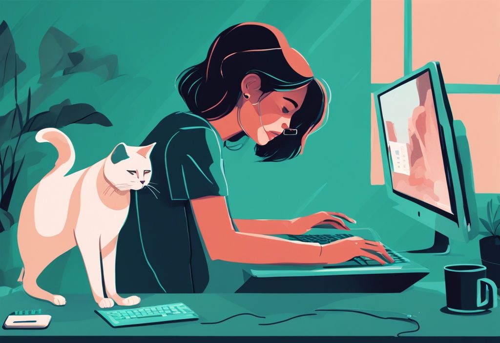 Digital painting of remote work with teal theme, featuring a person using a laptop while a cat sits on the keyboard.