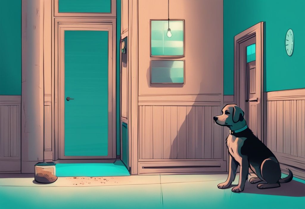 Illustration of a dog in time out with a sand timer, exploring the theme "how long should I put my dog in time out" in a modern teal color palette.