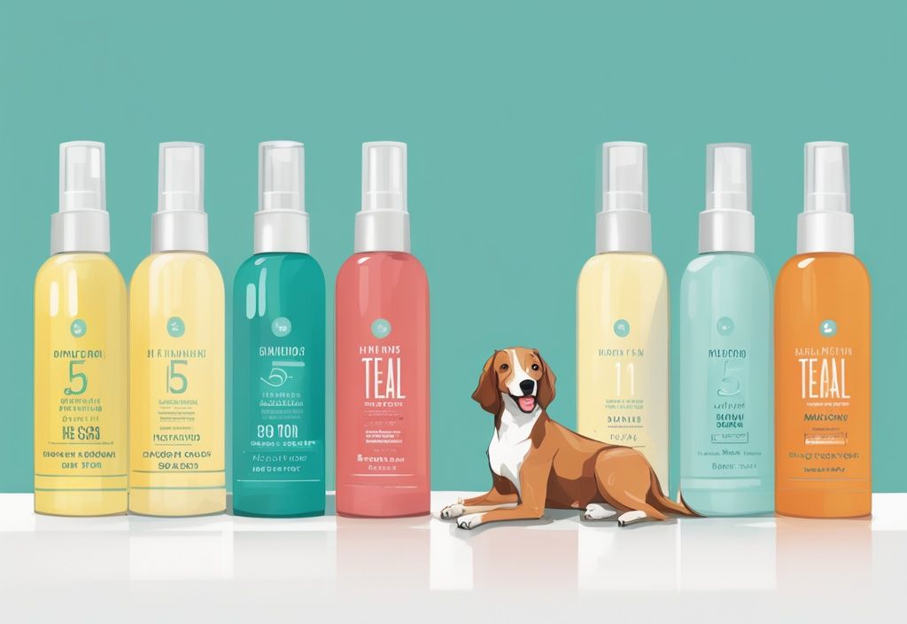 Modern digital painting of five antifungal dog shampoo bottles in teal theme, numbered 1 to 5, on white background with happy clean dog nearby.