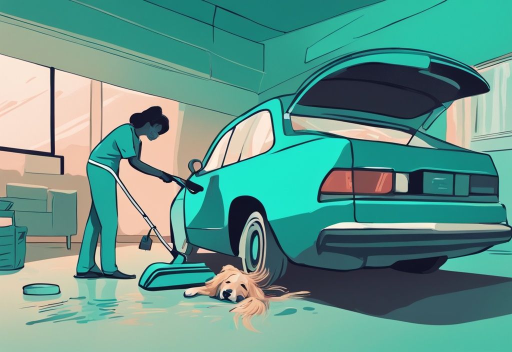 Modern digital painting illustration of a person using a specialized vacuum cleaner to clean dog hair from a car interior, showcasing how to get dog hair out of the car with a teal color theme.