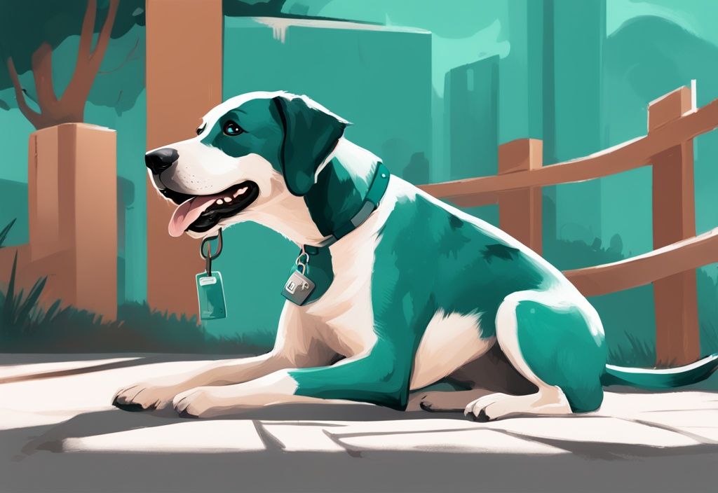 Teal-themed digital painting of a happy, healthy dog playing outside with a visible veterinary tag indicating recent vaccination.