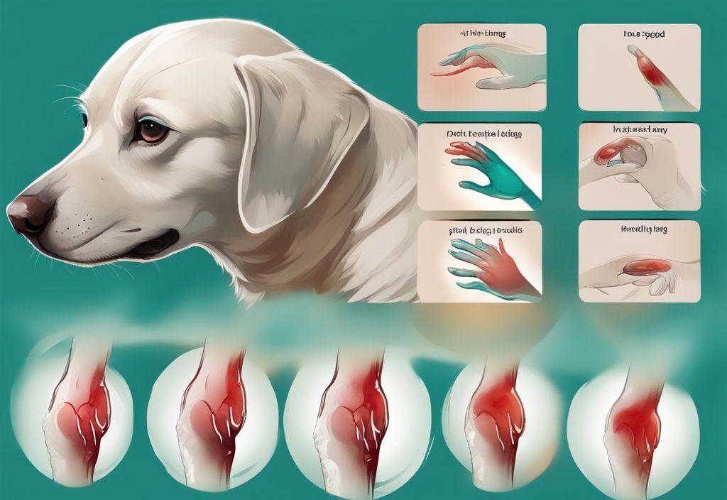 Modern digital painting illustrating dog wound healing stages on a paw with a teal color theme, showing progression from initial injury to full recovery.