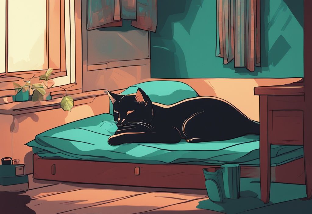 Digital painting of a cat napping under a bed in a cozy, teal-themed room.