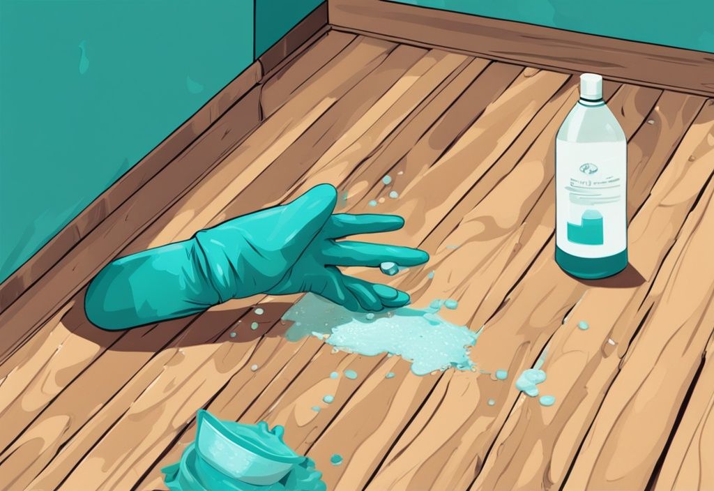 Person cleaning dog vomit from hardwood floor with teal-themed digital illustration