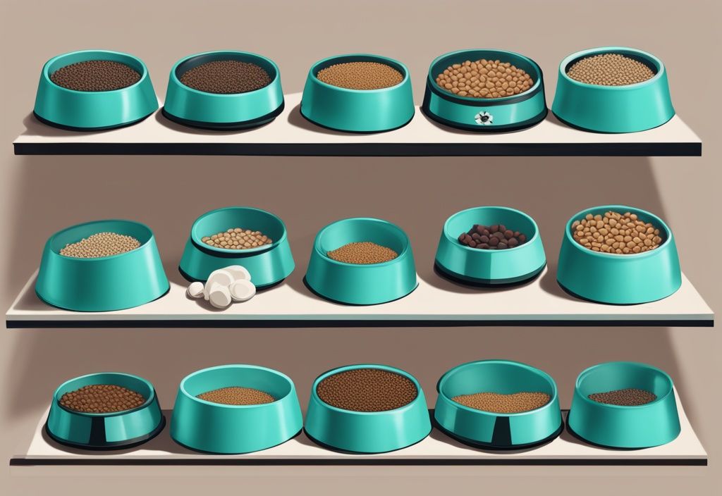 Modern digital painting of ten raised dog bowls in teal theme, arranged in rows, displaying diverse high-quality dog food varieties.