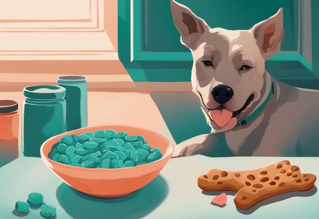 Digital painting of a dog ignoring food bowl for treat, teal theme