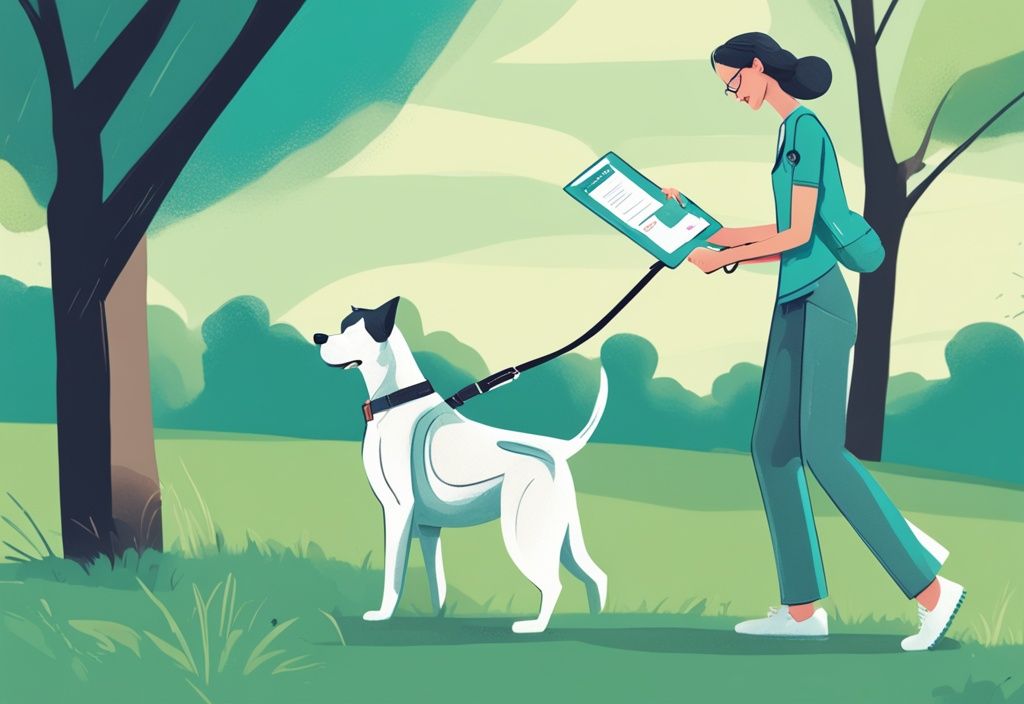 Happy dog on leash in park with owner holding parvo vaccination card, exploring how long after parvo shot can dog go outside, set in a modern teal-themed digital painting.