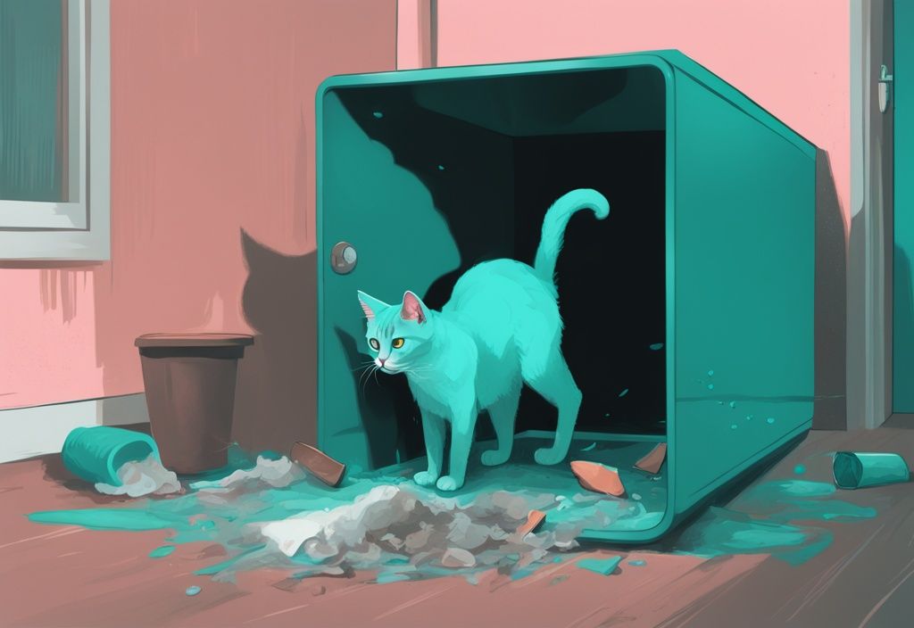 Modern digital painting of a cat using its paw to bury waste in a teal-themed litter box.