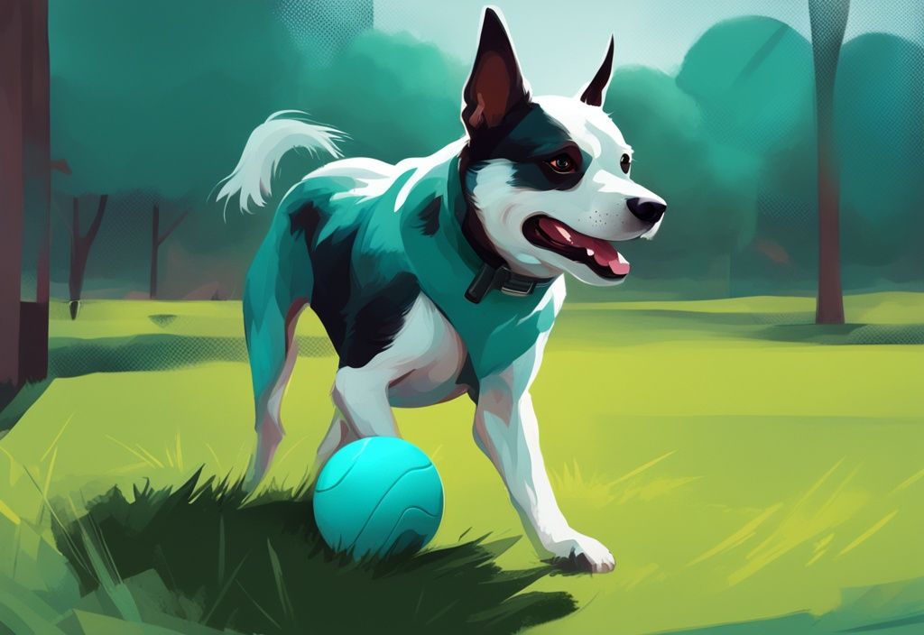 Modern digital painting of a unique dog with a shortened spine playing with a ball in a teal-themed grassy park.