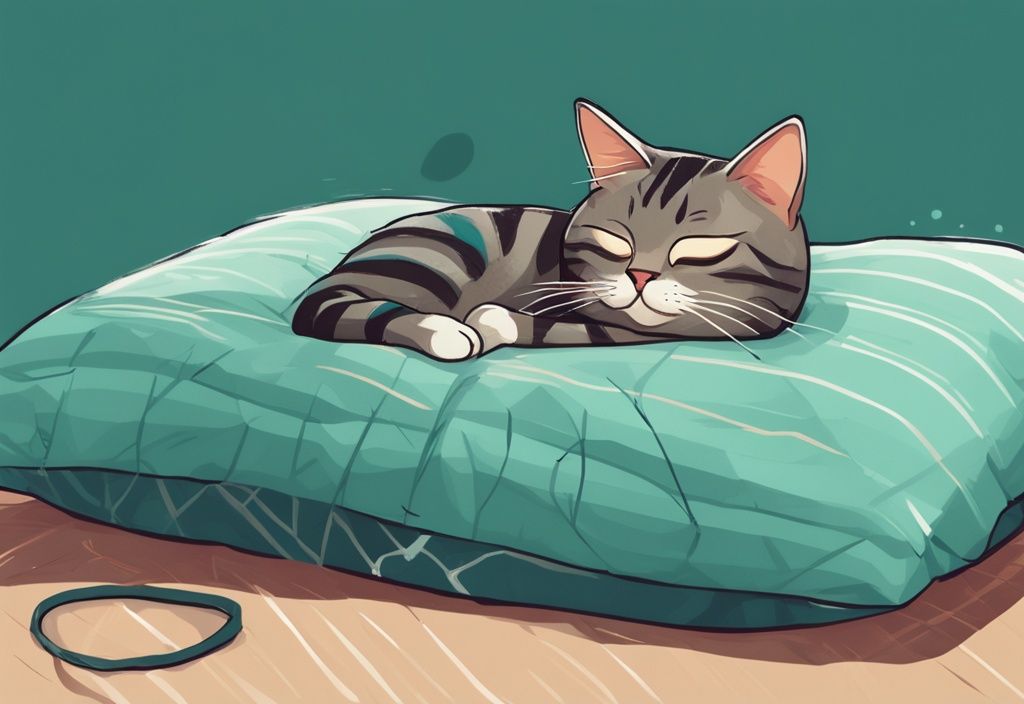 Teal-themed digital painting of a tabby cat sighing on a comfy pillow, eyes half-closed after a tiring day.