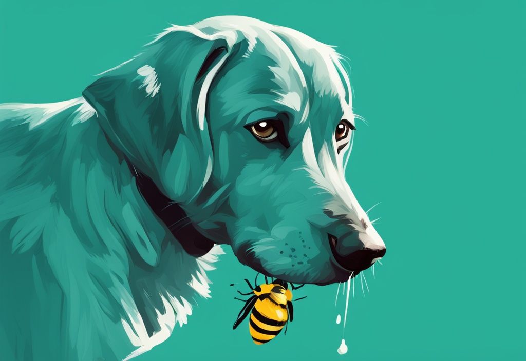 Teal-themed digital painting of a whimpering dog lifting its paw after my dog stepped on a bee, with a squashed bee beneath.