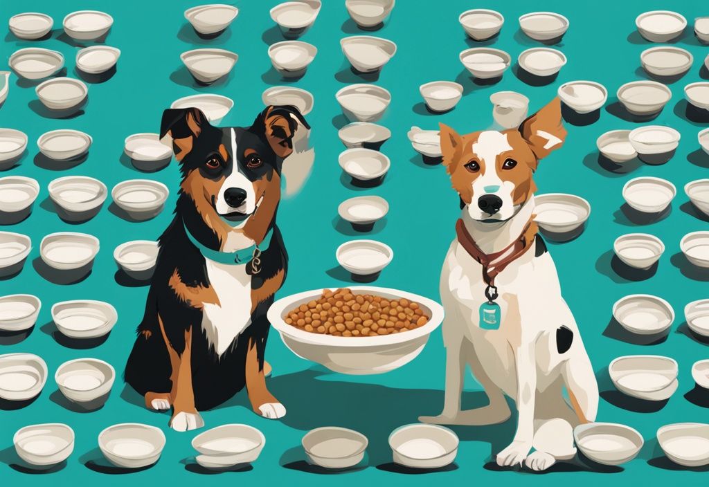 Digital painting of two dogs with teal color theme, one near Ollie dog food bowl, the other near Farmer's Dog bowl, showcasing reactions.