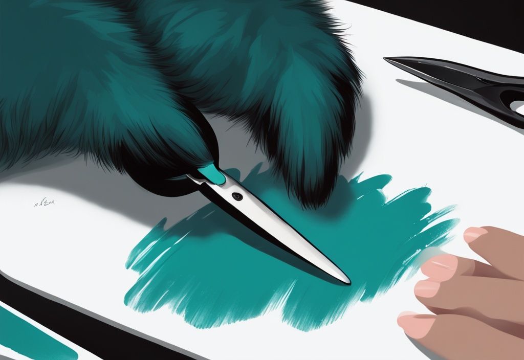 Teal-themed digital painting of a dark-furred dog paw being trimmed by a professional nail cutter.