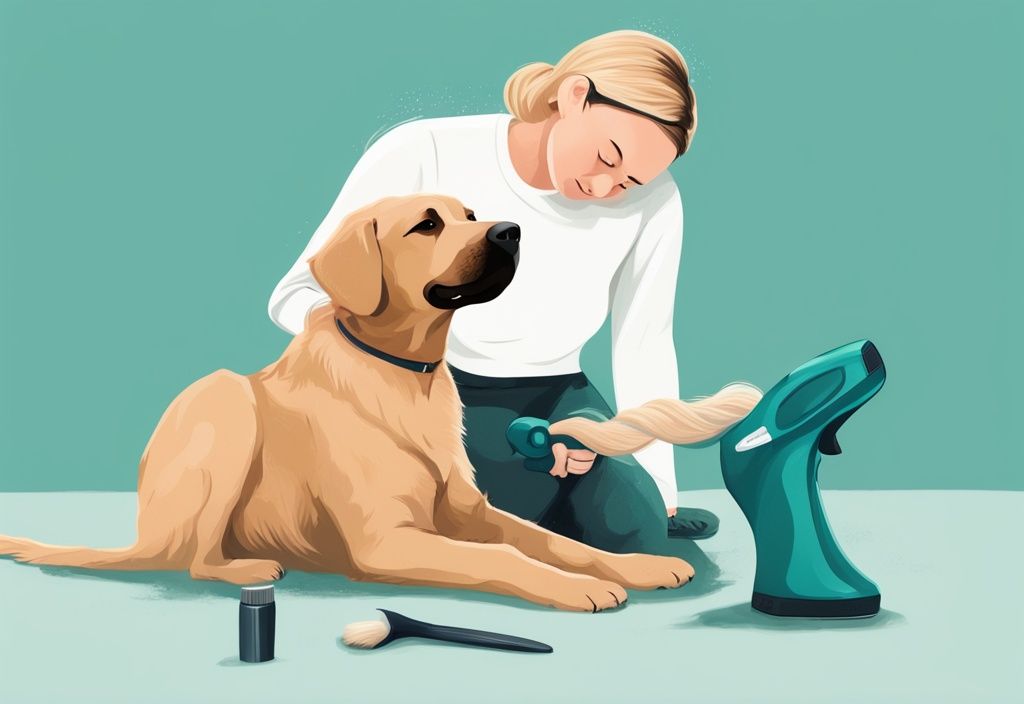 A modern digital painting of a person using a specialized deshedding tool on a Labrador Retriever, illustrating how to deshed a dog with a teal color theme.