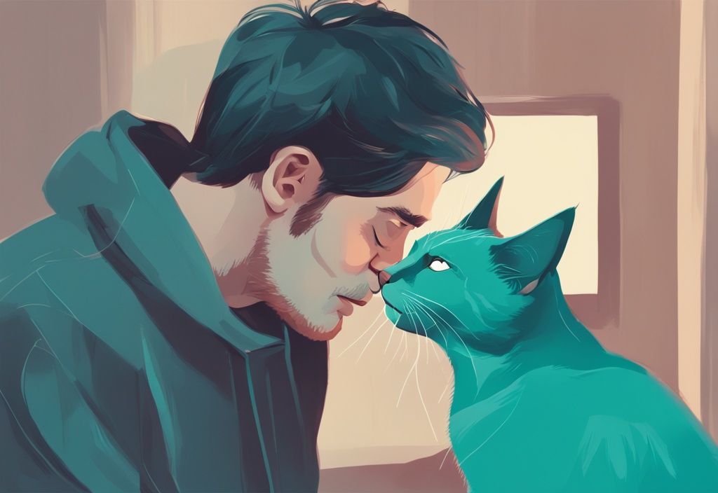 Modern digital painting of a teal-themed scene with a male cat nuzzling its surprised and curious owner.