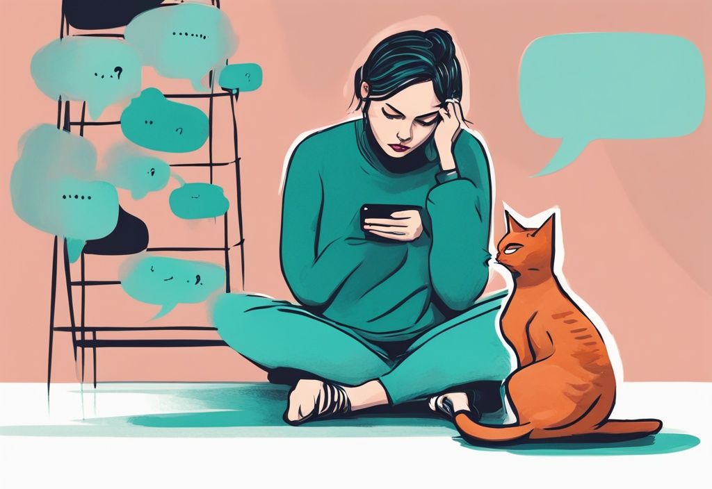 Modern digital painting of a concerned cat owner observing silent cat with teal color theme and question mark thought bubble.