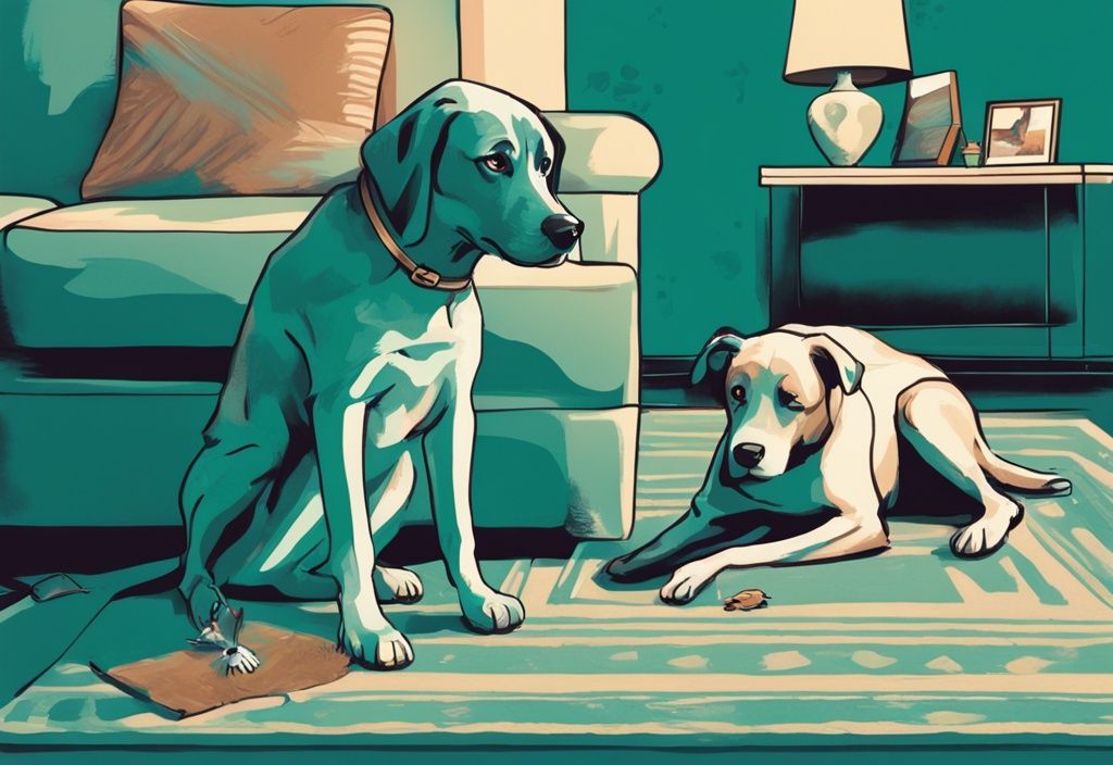 Teal-themed digital painting of a confused dog scratching the carpet as the owner looks on puzzled.